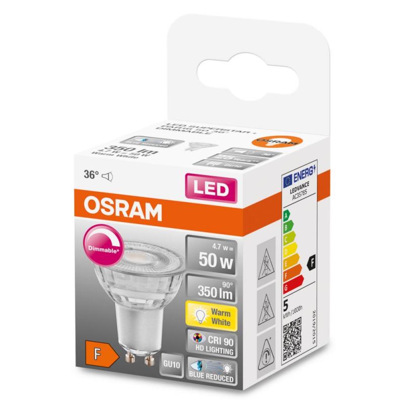Osram GU10 LED Strahler Superstar Plus PAR16 HD LIGHTING 36° dimmbar 2700K 4,7W wie 50W CRI90  - sehr gute Farbwiedergabe